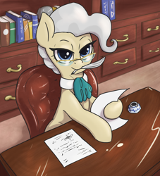 Size: 1660x1830 | Tagged: safe, artist:t72b, derpibooru import, mayor mare, earth pony, pony, book, chair, desk, female, glasses, inkwell, looking at you, mare, mouth hold, office, paperwork, quill, sitting, solo