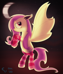 Size: 4734x5490 | Tagged: safe, artist:cosmikvek, derpibooru import, fluttershy, bat pony, pony, bat ponified, belly button, clothes, flutterbat, flying, moon, night, race swap, redraw, remake, socks, solo, striped socks, thigh highs, wings