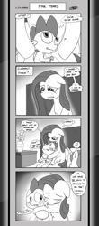 Size: 1451x3300 | Tagged: safe, artist:loreto-arts, derpibooru import, pinkie pie, spike, dragon, pony, comic:friendship is innuendo, comic:friendship is innuendo vol. 2, hug, monochrome, pinkamena diane pie, spikelove, suddenly pinkie