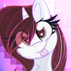 Size: 2000x2000 | Tagged: safe, artist:littleblackraencloud, derpibooru import, oc, oc only, pony, unicorn, bust, cheek fluff, eye clipping through hair, eyebrows visible through hair, female, looking at you, mare, pixelated, portrait, smiling, smiling at you, solo, tongue out