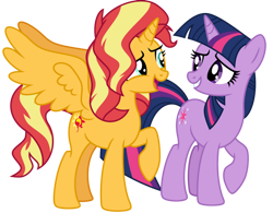 Size: 1024x800 | Tagged: safe, artist:emeraldblast63, derpibooru import, sunset shimmer, twilight sparkle, unicorn twilight, alicorn, unicorn, alicornified, alternate universe, grin, looking at each other, open mouth, race swap, raised hoof, role reversal, shimmercorn, simple background, smiling, transparent background
