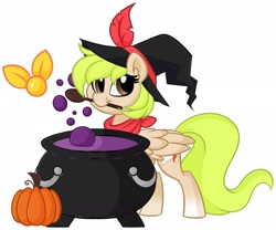 Size: 2048x1706 | Tagged: safe, artist:missbramblemele, derpibooru import, oc, oc only, oc:pixie, pegasus, cauldron, clothes, fairy, feather, hat, looking at you, pumpkin, scarf, simple background, solo, white background, witch hat