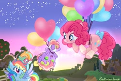 Size: 1024x684 | Tagged: safe, artist:sakurainu2715, derpibooru import, pinkie pie, rainbow dash, oc, oc:ocean beats, oc:sunlight, earth pony, pegasus, pony, baby, baby pony, balloon, bow, female, floating, lesbian, magical lesbian spawn, offspring, parent:pinkie pie, parent:rainbow dash, parents:pinkiedash, pinkiedash, shipping, tail bow, then watch her balloons lift her up to the sky