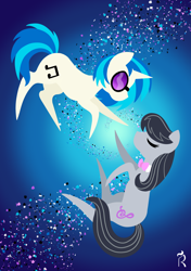 Size: 1748x2480 | Tagged: safe, artist:dawn-designs-art, derpibooru import, dj pon-3, octavia melody, vinyl scratch, earth pony, pony, unicorn, abstract, abstract art, abstract background, duo, duo female, female, floating, mare, minimalist, modern art