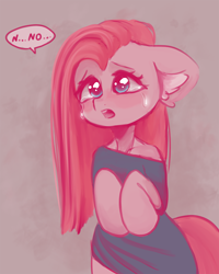 Size: 800x1000 | Tagged: safe, artist:valeria_fills, derpibooru import, pinkie pie, earth pony, pony, clothes, crying, digital art, female, floppy ears, hooves, long mane, mare, open mouth, pinkamena diane pie, solo, speech bubble, tail, text