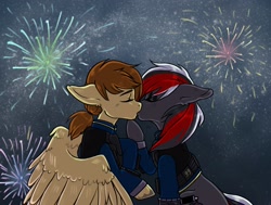 Size: 3076x2330 | Tagged: safe, artist:rensakai, derpibooru import, oc, oc:scarlet spray, oc:soaring heart, earth pony, pegasus, fallout equestria, female, fireworks, kissing, lesbian