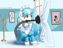 Size: 844x637 | Tagged: safe, artist:vinilyart, derpibooru import, coco pommel, octavia melody, earth pony, pony, clothes, curtains, female, maid, mare, mouth hold, picture frame, solo, vacuum cleaner, window