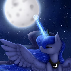 Size: 1500x1500 | Tagged: safe, artist:rainviv, derpibooru import, princess luna, alicorn, pony, ethereal mane, female, full moon, horn, jewelry, magic, magic aura, mare, moon, night, regalia, solo, spread wings, starry mane, starry night, wings