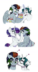 Size: 750x1415 | Tagged: safe, artist:celestial-rainstorm, derpibooru import, rarity, oc, oc:prism storm, oc:tourmaline quartz, pegasus, pony, unicorn, magic, offspring, parent:rainbow dash, parent:rarity, parent:soarin', parents:canon x oc, parents:soarindash, simple background, white background