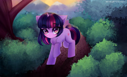 Size: 3000x1808 | Tagged: safe, artist:tatar.sauce, derpibooru import, twilight sparkle, unicorn twilight, pony, unicorn, bush, cute, eyebrows visible through hair, female, looking at you, mare, raised hoof, raised leg, scenery, solo, tree, twiabetes, walking