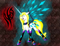 Size: 2000x1536 | Tagged: safe, artist:crystalcontemplator, derpibooru import, oc, oc only, pony, unicorn, artificial wings, augmented, choker, horn, mechanical wing, sharp teeth, solo, teeth, unicorn oc, wings