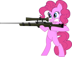 Size: 2006x1588 | Tagged: dead source, safe, artist:purple-whatever, derpibooru import, pinkie pie, earth pony, pony, bipedal, female, gun, juxtaposition bait, mare, rifle, scope, simple background, solo, standing, transparent background, vector, weapon