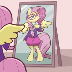 Size: 2048x2048 | Tagged: safe, artist:pfeffaroo, derpibooru import, fluttershy, pegasus, pony, fake it 'til you make it, alternate hairstyle, bipedal, braid, clothes, female, glasses, hat, high res, hipstershy, lidded eyes, looking at mirror, mare, mirror, reflection, solo, spread wings, wings
