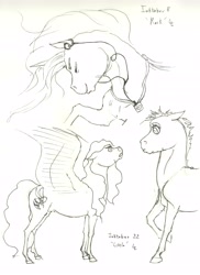 Size: 4709x6474 | Tagged: safe, artist:lady-limule, derpibooru import, oc, oc only, earth pony, pegasus, pony, earbuds, earth pony oc, grayscale, inktober 2016, lineart, monochrome, pegasus oc, raised hoof, traditional art, wings