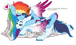 Size: 645x385 | Tagged: safe, artist:rainviv, derpibooru import, rainbow dash, soarin', pegasus, pony, base used, cuddling, duo, female, male, mare, pillow, redesign, shipping, simple background, sleeping, snuggling, soarindash, stallion, straight, transparent background