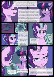 Size: 1600x2291 | Tagged: safe, artist:tillie-tmb, derpibooru import, starlight glimmer, twilight sparkle, twilight sparkle (alicorn), alicorn, unicorn, comic:the amulet of shades, magic, science, twilight's castle