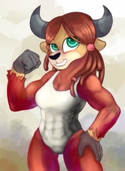 Size: 1644x2244 | Tagged: safe, artist:hobbes-maxwell, derpibooru import, yona, anthro, yak, abs, breasts, busty yona, clothes, female, flexing, grin, hand on hip, leotard, looking at you, muscles, muscular female, smiling, solo, yonathletic
