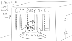 Size: 1920x1080 | Tagged: safe, artist:spritepony, derpibooru import, oc, oc:sprite, alicorn, pony, alicorn oc, cardboard box, complaining, gay baby jail, horn, jail, lineart, sketch, speech bubble, talking, unamused, wings