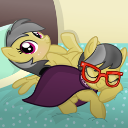 Size: 1456x1456 | Tagged: safe, artist:grapefruitface1, derpibooru import, a.k. yearling, daring do, pegasus, pony, base used, bed, blushing, cloak, clothes, cute, daring dorable, duality, eyes closed, glasses, looking at you, pillow, self ponidox, sleeping, smiling