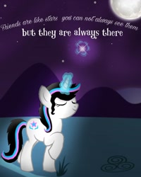 Size: 1079x1348 | Tagged: safe, artist:rxndxm.artist, derpibooru import, oc, oc only, pony, unicorn, eyes closed, full moon, glowing horn, horn, magic, moon, mountain, night, outdoors, raised hoof, solo, stars, telekinesis, unicorn oc