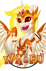 Size: 1237x1912 | Tagged: safe, artist:hobbes-maxwell, derpibooru import, daybreaker, badge, evil grin, grin, simple background, smiling, solo, waifu, waifu badge, white background