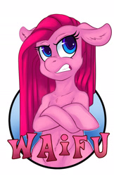 Size: 1237x1912 | Tagged: safe, artist:hobbes-maxwell, derpibooru import, pinkie pie, earth pony, pony, badge, floppy ears, pinkamena diane pie, simple background, solo, waifu, waifu badge, white background