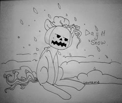 Size: 1080x906 | Tagged: safe, artist:lowname, derpibooru import, pinkie pie, earth pony, pony, female, grayscale, inktober, inktober 2019, lineart, mare, mask, monochrome, pumpkin, signature, sitting, snow, solo, traditional art