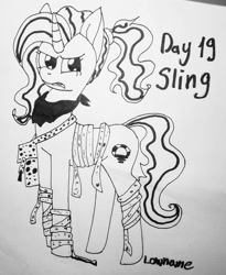 Size: 1080x1318 | Tagged: safe, artist:lowname, derpibooru import, luster dawn, pony, unicorn, clothes, female, frown, grayscale, inktober, inktober 2019, lineart, mare, monochrome, scarf, signature, solo, traditional art