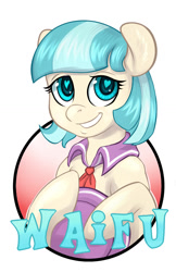 Size: 825x1275 | Tagged: safe, artist:hobbes-maxwell, derpibooru import, coco pommel, earth pony, pony, accessories, badge, cocobetes, cute, female, hat, heart eyes, mare, neckerchief, simple background, solo, waifu, waifu badge, white background, wingding eyes