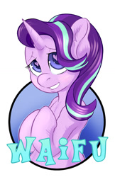 Size: 825x1275 | Tagged: safe, artist:hobbes-maxwell, derpibooru import, starlight glimmer, pony, unicorn, badge, female, heart eyes, mare, simple background, solo, waifu, waifu badge, white background, wingding eyes