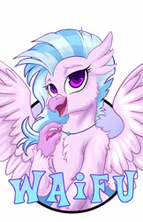 Size: 1237x1912 | Tagged: safe, artist:hobbes-maxwell, derpibooru import, silverstream, hippogriff, badge, female, simple background, solo, waifu, waifu badge, white background