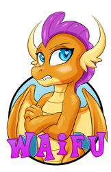 Size: 825x1275 | Tagged: safe, artist:hobbes-maxwell, derpibooru import, smolder, dragon, badge, crossed arms, female, heart eyes, simple background, solo, waifu, waifu badge, white background, wingding eyes