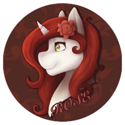 Size: 1500x1500 | Tagged: safe, artist:sursiq, derpibooru import, oc, oc only, pony, unicorn, bust, circle background, eyes open, flower, green eyes, horn, lineless, name, portrait, profile, red hair, red mane, rose, solo, unicorn oc