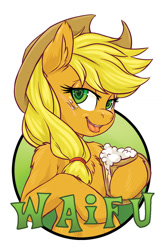 Size: 825x1275 | Tagged: safe, artist:hobbes-maxwell, derpibooru import, applejack, earth pony, pony, badge, cider, female, heart eyes, simple background, solo, waifu, waifu badge, white background, wingding eyes