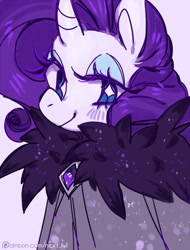 Size: 500x657 | Tagged: safe, artist:next-lvl, rarity, pony, unicorn, bust, cloak, clothes, female, horn, mare, purple background, simple background, smiling, solo