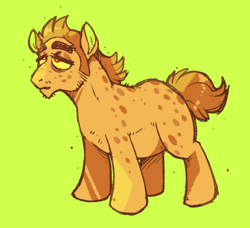 Size: 700x637 | Tagged: safe, artist:chocodile, derpibooru import, oc, oc only, oc:greasetrap, earth pony, pony, blank flank, lidded eyes, male, simple background, solo, spots, stallion, tail, yellow background