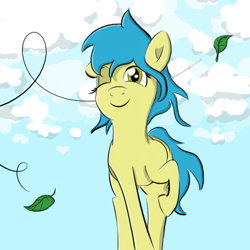 Size: 1600x1600 | Tagged: safe, artist:firestarter, derpibooru import, oc, oc only, earth pony, pony, cloud, cloudy, female, leaves, one eye closed, raised hoof, smiling, solo, wind