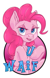 Size: 825x1275 | Tagged: safe, artist:hobbes-maxwell, derpibooru import, pinkie pie, earth pony, pony, badge, fourth wall, heart eyes, open mouth, pinkie being pinkie, simple background, smiling, solo, waifu, waifu badge, white background, wingding eyes