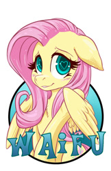 Size: 825x1275 | Tagged: safe, artist:hobbes-maxwell, derpibooru import, fluttershy, pegasus, pony, badge, blushing, female, floppy ears, heart eyes, mare, simple background, smiling, solo, waifu, waifu badge, white background, wingding eyes