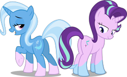 Size: 4002x2429 | Tagged: safe, artist:the smiling pony, artist:uigsyvigvusy, derpibooru import, edit, edited edit, editor:slayerbvc, starlight glimmer, trixie, unicorn, butt, female, lidded eyes, looking back, mare, plot, pony to pony, raised hoof, simple background, socks (coat marking), transparent background, underhoof, vector, vector edit