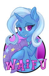 Size: 825x1275 | Tagged: safe, artist:hobbes-maxwell, derpibooru import, trixie, pony, unicorn, badge, blushing, clothes, female, hat, heart eyes, simple background, solo, trixie's hat, waifu, waifu badge, white background, wingding eyes