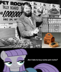 Size: 2048x2408 | Tagged: safe, derpibooru import, boulder (pet), maud pie, earth pony, human, pony, black and white, black background, gary dahl, grayscale, how she got boulder, monochrome, pet rock, photo, simple background