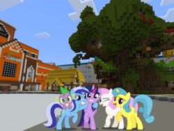 Size: 2048x1536 | Tagged: safe, artist:tardifice, artist:topsangtheman, derpibooru import, lemon hearts, minuette, spike, twilight sparkle, twinkleshine, alicorn, dragon, pony, unicorn, topsangtheman's minecraft server, golden oaks library, looking at you, minecraft, spa castle