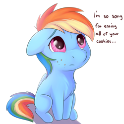 Size: 2250x2250 | Tagged: safe, artist:dbleki, derpibooru import, rainbow dash, pegasus, pony, chest fluff, crumbs, cute, daaaaaaaaaaaw, dashabetes, dialogue, female, floppy ears, high res, looking up, mare, puppy dog eyes, simple background, solo, white background