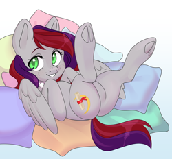 Size: 3000x2784 | Tagged: artist needed, source needed, safe, derpibooru import, oc, oc only, oc:evening prose, pegasus, pony, female, freckles, jewelry, mare, necklace, on back, pearl necklace, pillow, solo, spread legs, spreading