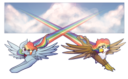 Size: 1280x791 | Tagged: safe, artist:mscolorsplash, derpibooru import, rainbow dash, oc, oc:rainbow feather, hippogriff, pegasus, pony, duo, female, flying, interspecies offspring, magical lesbian spawn, mare, mother and child, mother and daughter, offspring, parent and child, parent:gilda, parent:rainbow dash, parents:gildash, simple background, transparent background