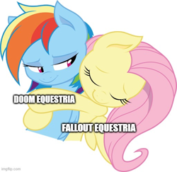 Size: 512x497 | Tagged: safe, artist:joey darkmeat, derpibooru import, edit, fluttershy, rainbow dash, pegasus, pony, doom equestria, fallout equestria, bethesda, caption, crossover, cute, eyes closed, female, flutterdash, friendship, hug, image macro, imgflip, lesbian, love, mare, meme, object labeling meme, shipping, simple background, text, white background