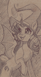 Size: 4016x7455 | Tagged: safe, artist:faline-art, derpibooru import, starlight glimmer, alicorn, bat pony, bat pony alicorn, bat ponified, bat wings, fangs, glimbat, hat, horn, open mouth, race swap, sketch, solo, traditional art, wings, witch hat