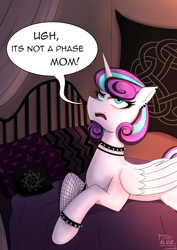 Size: 2126x3000 | Tagged: safe, artist:alicetriestodraw, derpibooru import, princess flurry heart, alicorn, pony, bed, choker, ear piercing, earring, eyeliner, fishnet stockings, funny, goth, it's a phase, it's not a phase, jewelry, lying down, makeup, on bed, piercing, princess emo heart, prone, solo, spiked choker, spiked wristband, teenage flurry heart, teenager, wristband