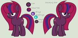 Size: 3486x1721 | Tagged: safe, artist:lominicinfinity, derpibooru import, oc, oc:smoking star, unicorn, female, magical lesbian spawn, mare, offspring, parent:tempest shadow, parent:twilight sparkle, parents:tempestlight, reference sheet, simple background, solo